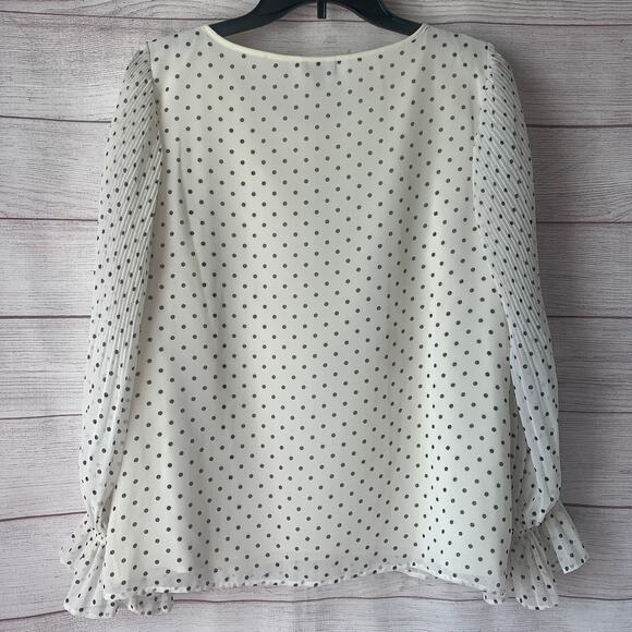 Talbots Off-White with Black Polka Dot Blouse Front Keyhole Ruffle Cuffs Size M - Picture 6 of 11